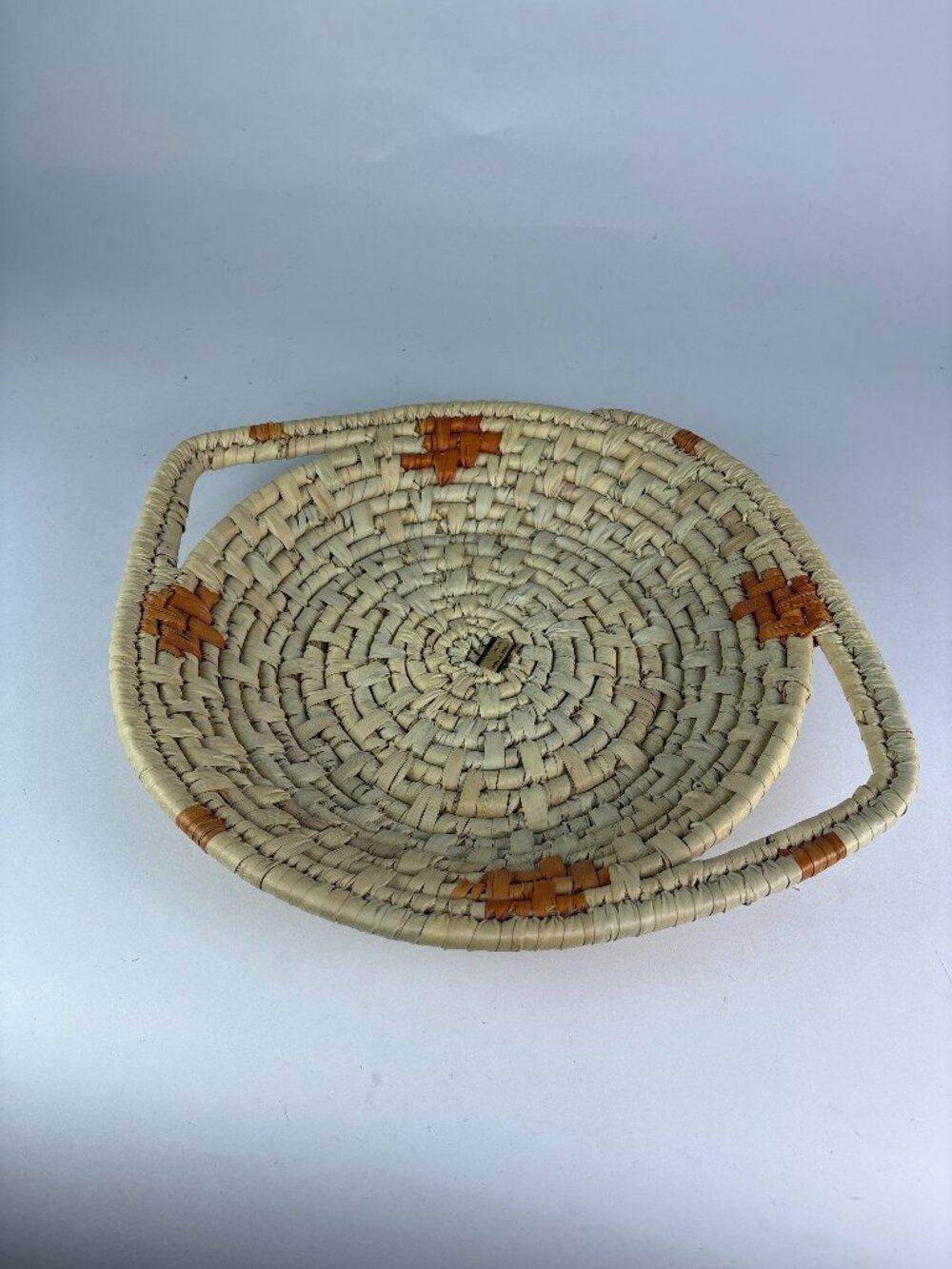 Woven Basket Tray with Handles, Natural Fiber Bread Basket, Rust Orange Accents,